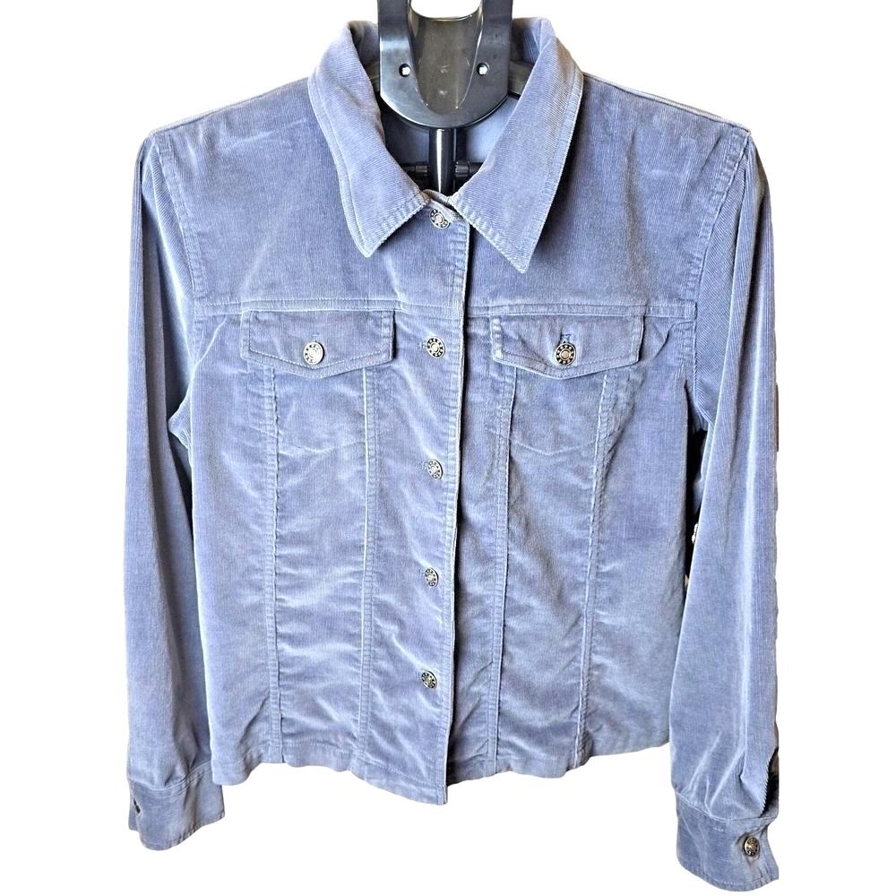 Y2K VTG Crushed Corduroy Trucker Jacket Rafaella Blue Women Size 12 Clean 2000
